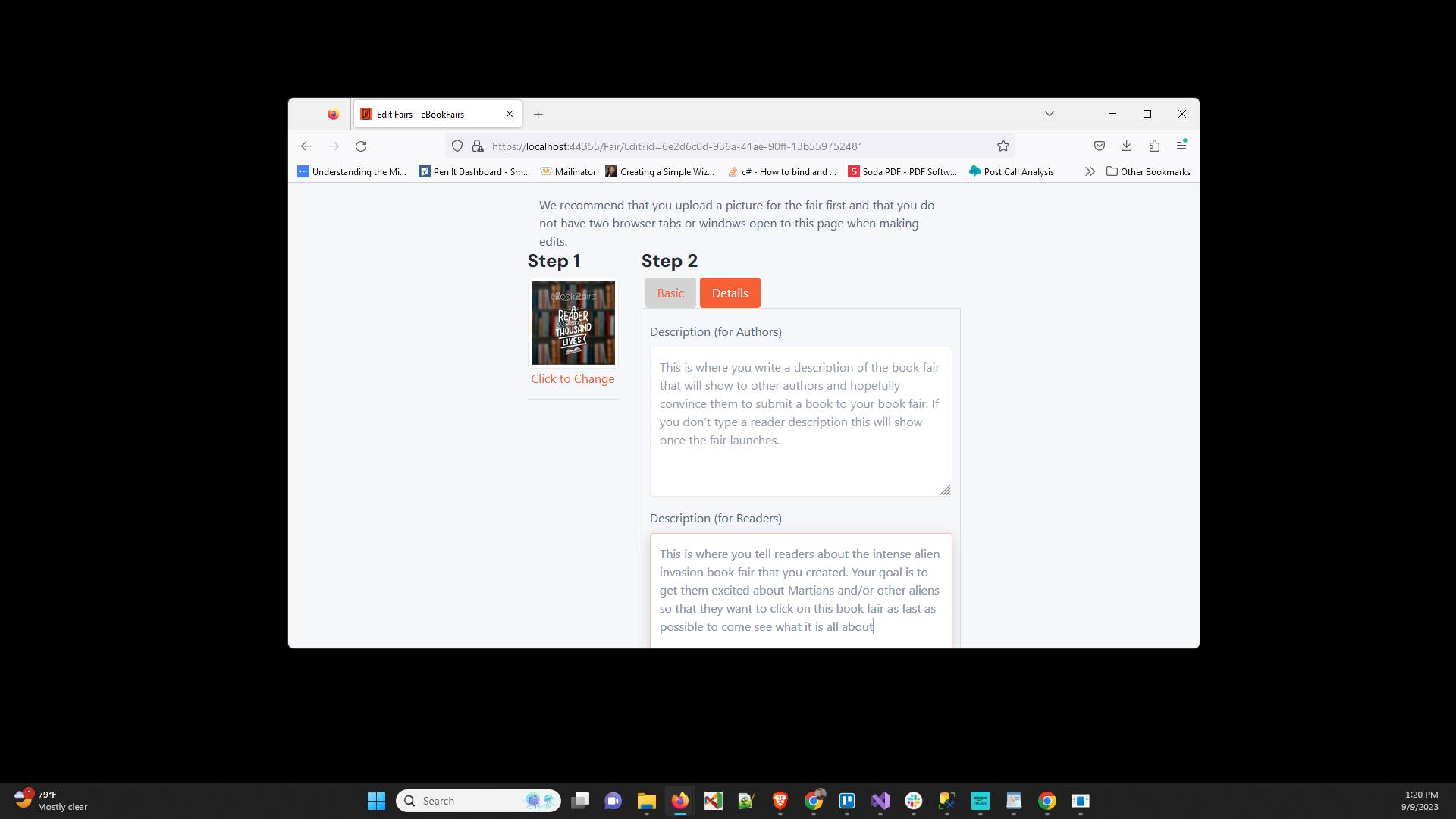In "Description (for Readers)" type a description that will be shown to the visitors of the book fair to get them excited about the book fair.