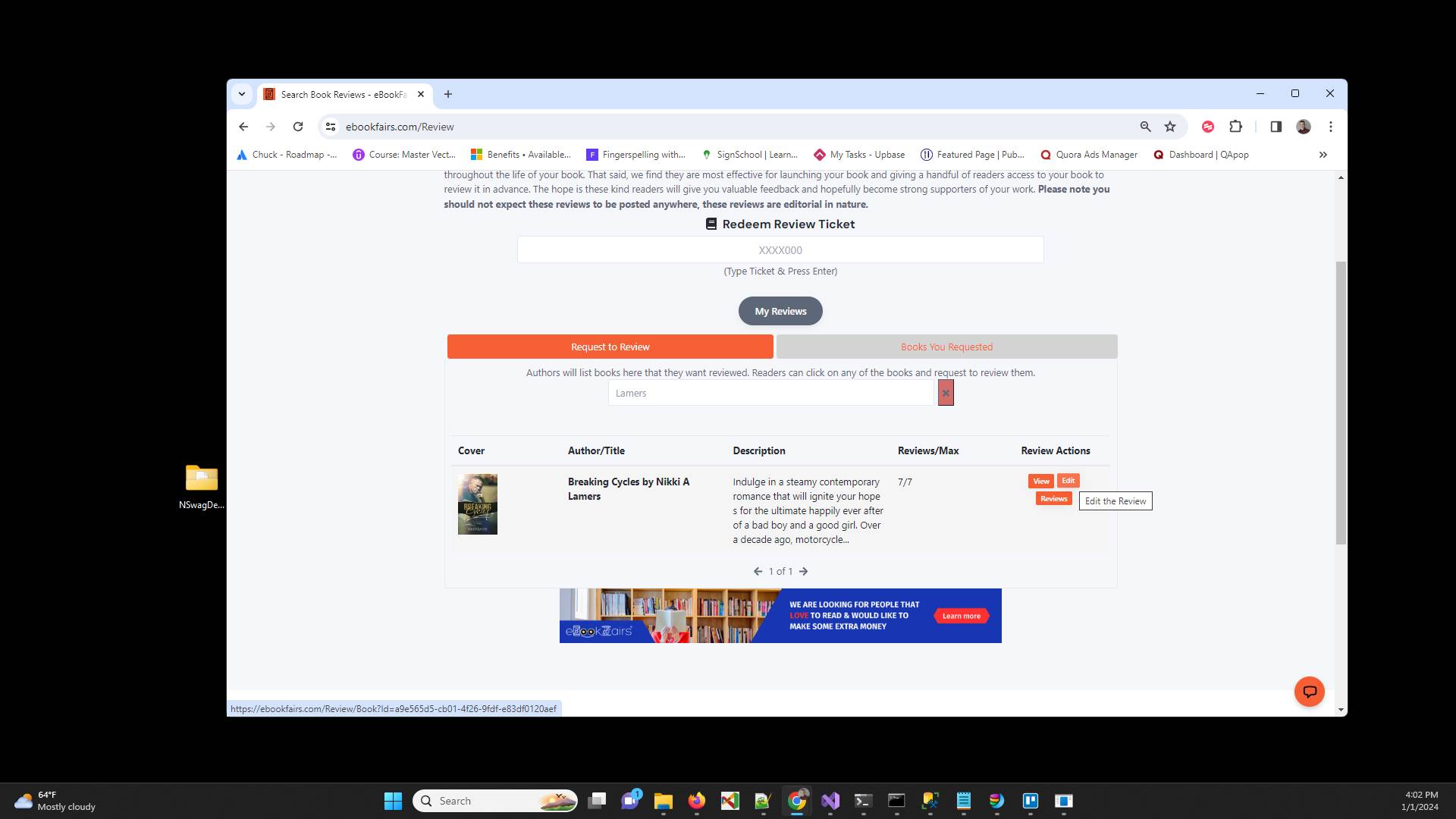 Click on the Edit button next to the book for which you want to end the review.