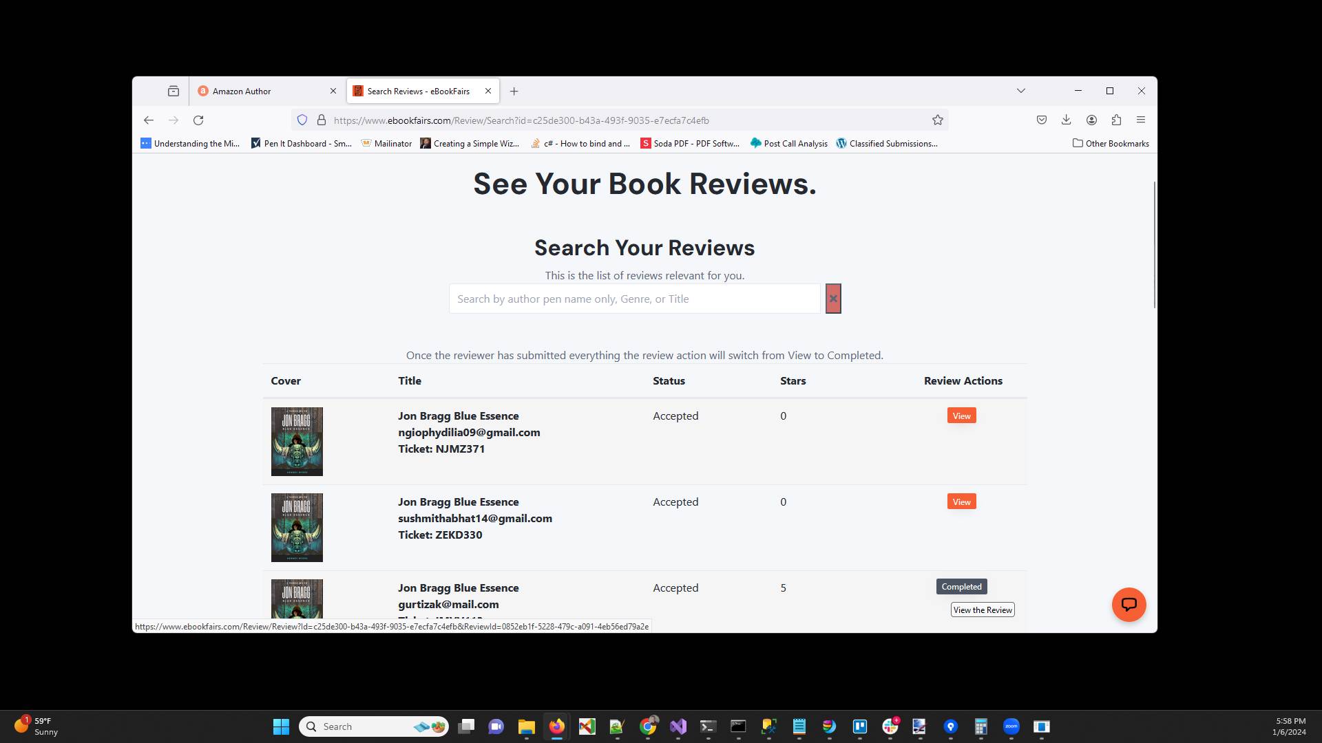 Once you are on your book reviews in eBookFairs you want to select any of the reviews that are completed (usually one with a rating of 5). To get to the text you click the "Completed" button.