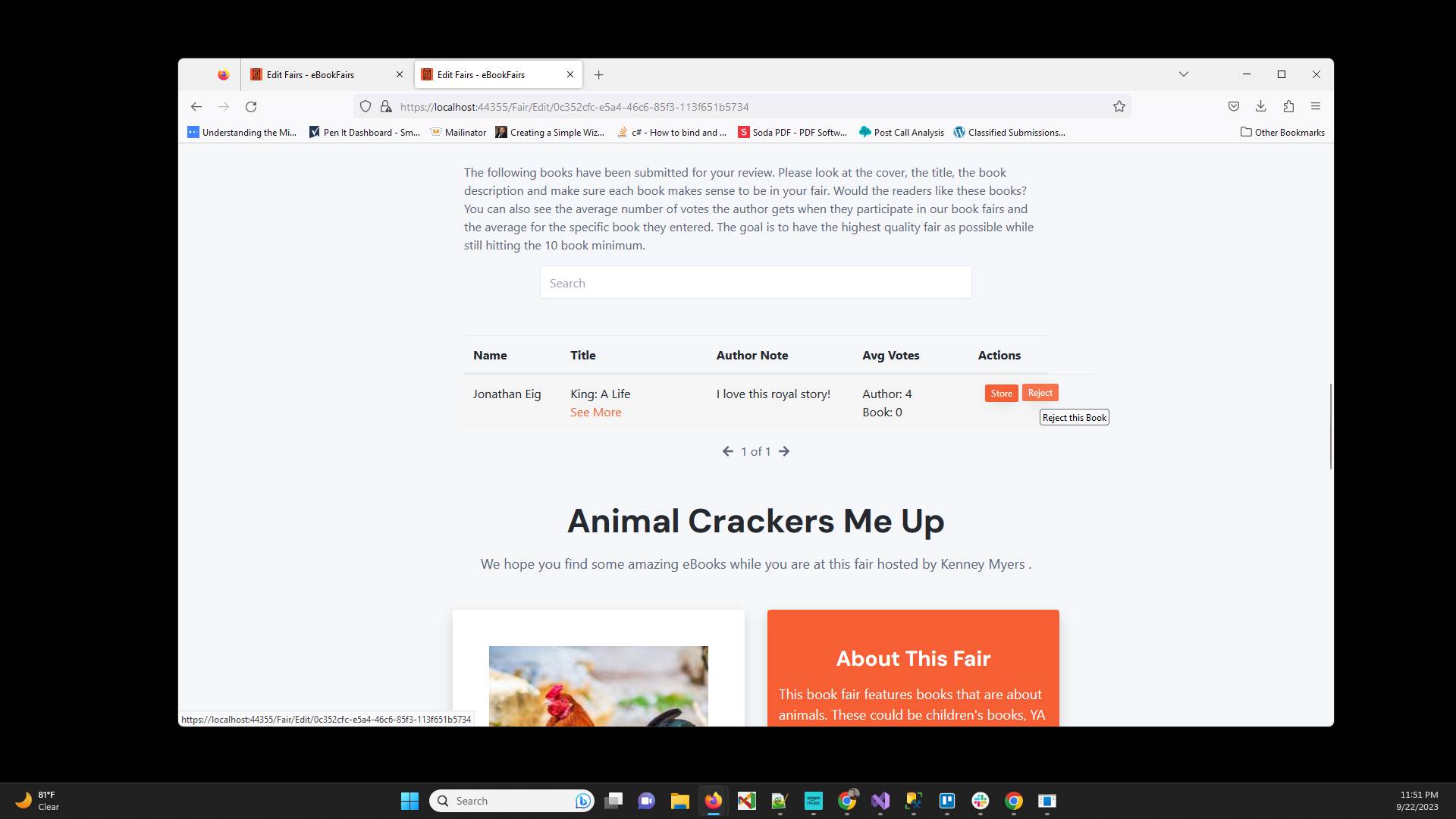 Click "Reject" to remove the book from the fair
