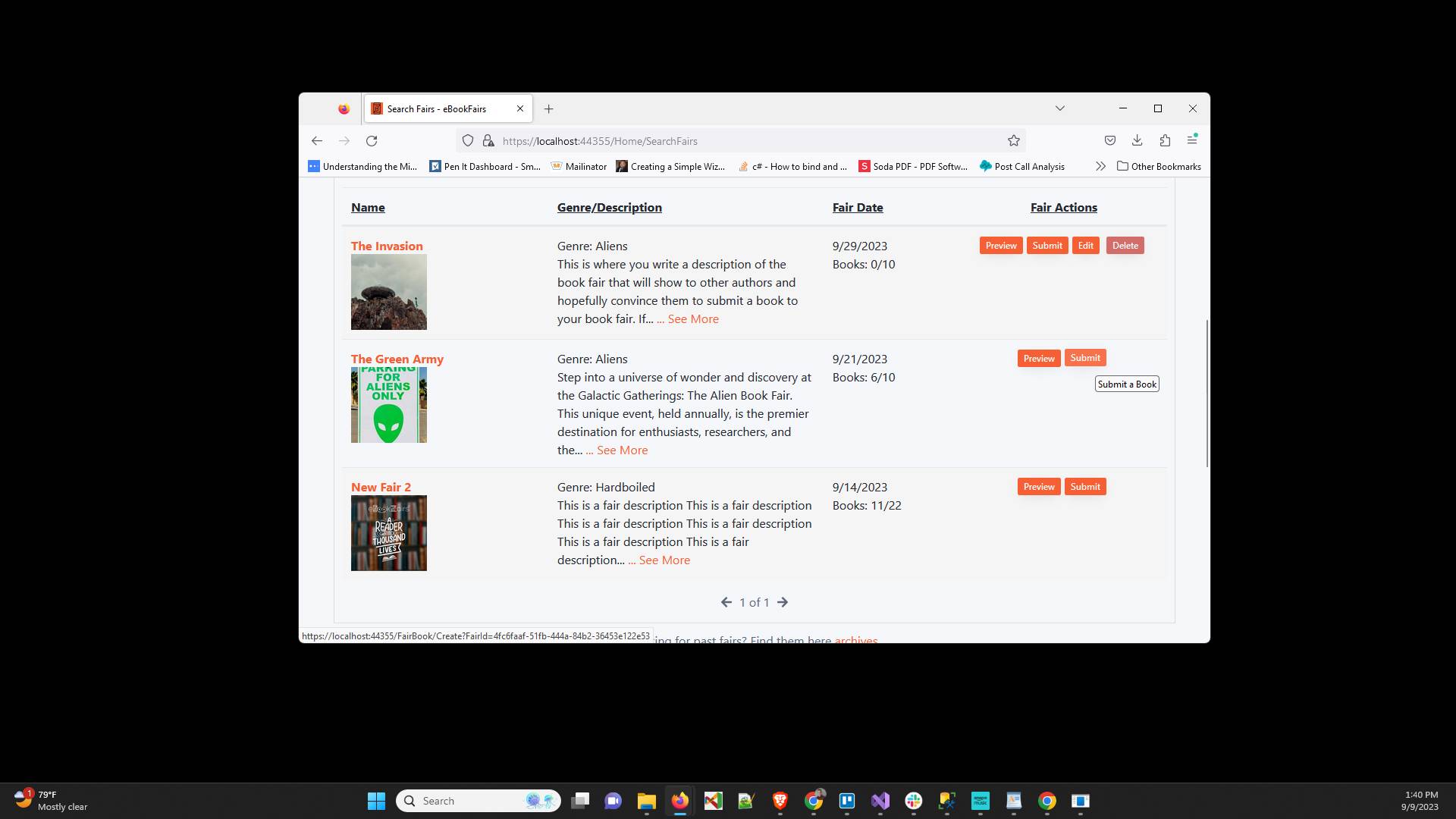 Look through the book fairs and click "Submit" on the one you would like to submit to